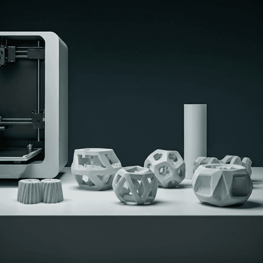 Modern engineering workspace with a high-end 3D printer and geometric prototype parts.