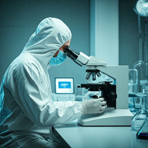 Laboratory technician in white protective gear working with a high-precision microscope.