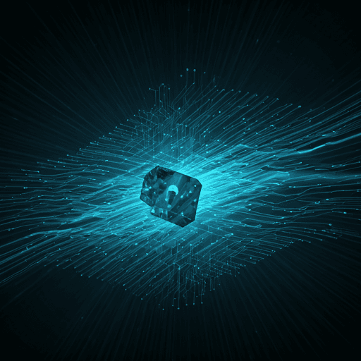 Abstract digital visualization of encrypted data blocks and networking paths.