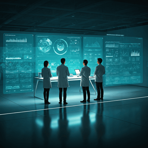 Modern collaborative research workspace with professionals gathered around scientific data.
